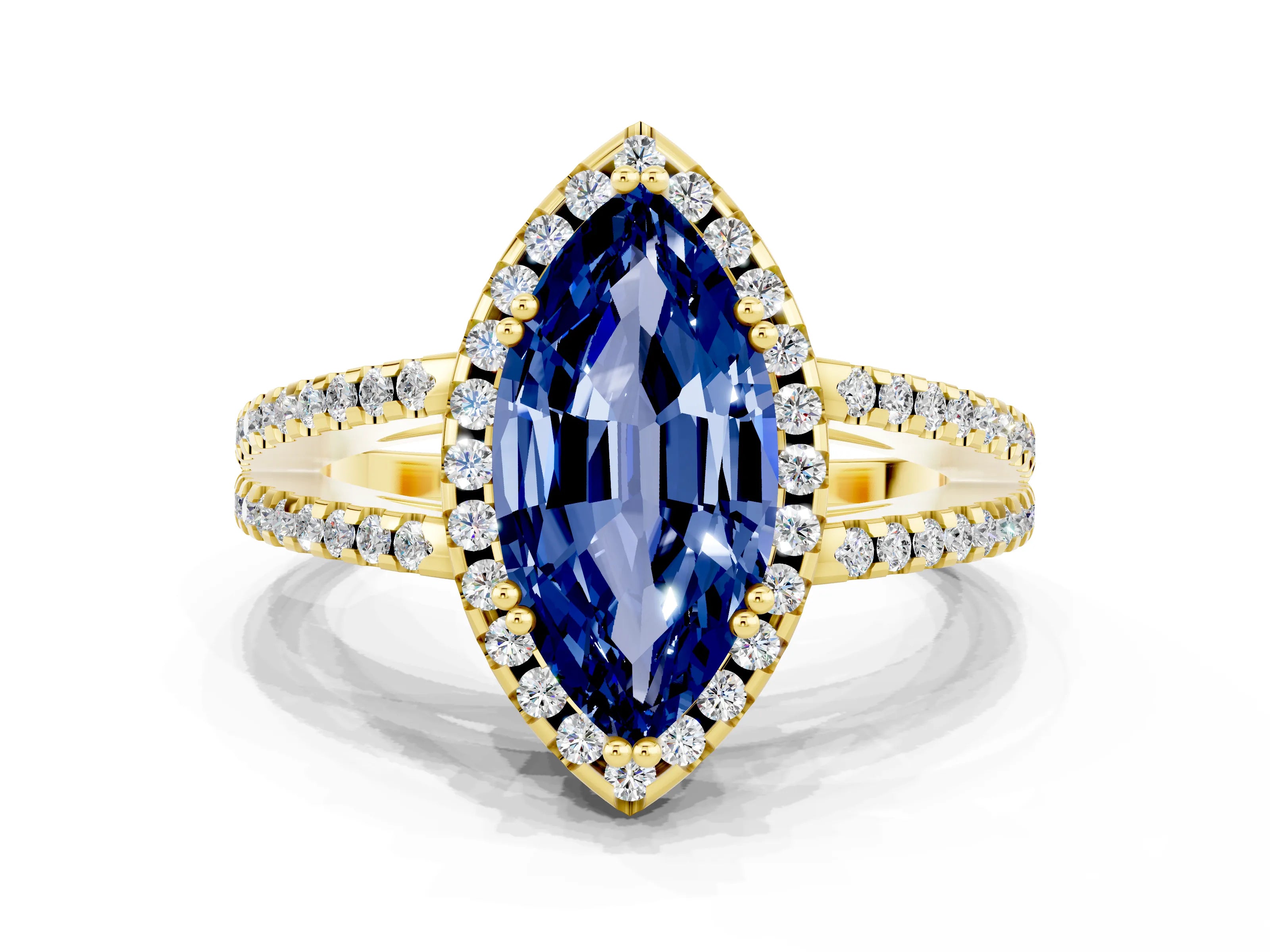 Yellow gold Marquise Cut Blue Sapphire Halo Split Shank Engagement Ring_12