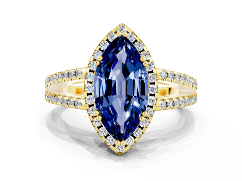 Yellow gold Marquise Cut Blue Sapphire Halo Split Shank Engagement Ring_12