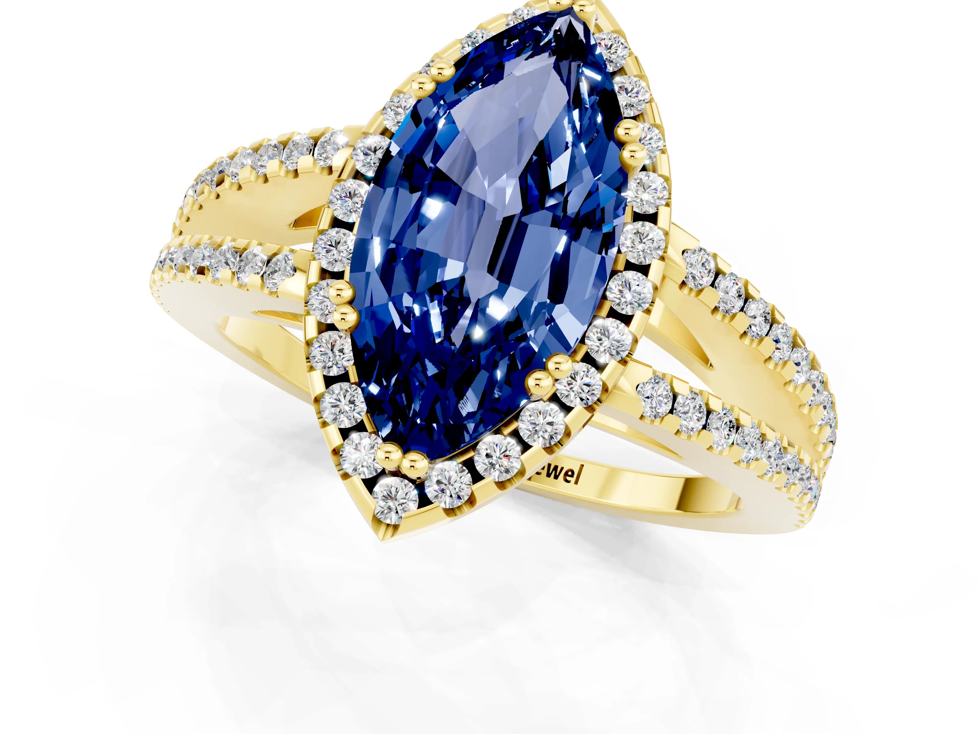 Yellow gold Marquise Cut Blue Sapphire Halo Split Shank Engagement Ring_13