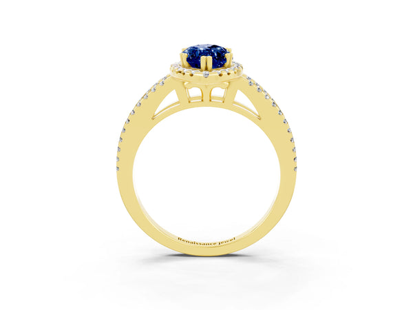 Yellow gold Marquise Cut Blue Sapphire Halo Split Shank Engagement Ring