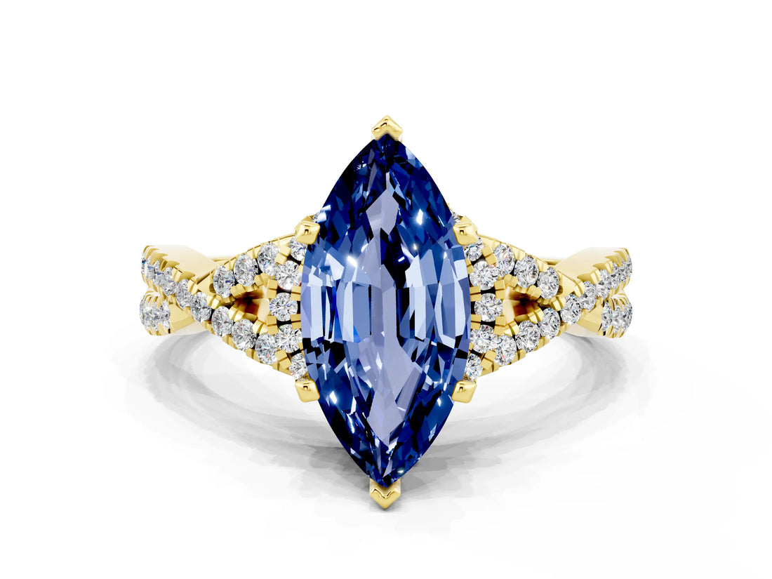 Yellow gold Marquise Cut Blue Sapphire Halo Twist Band Solitaire Prong Setting Ring