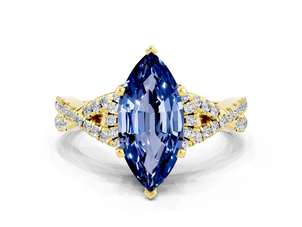 Yellow gold Marquise Cut Blue Sapphire  Halo Twist Band Solitaire Prong Setting Ring