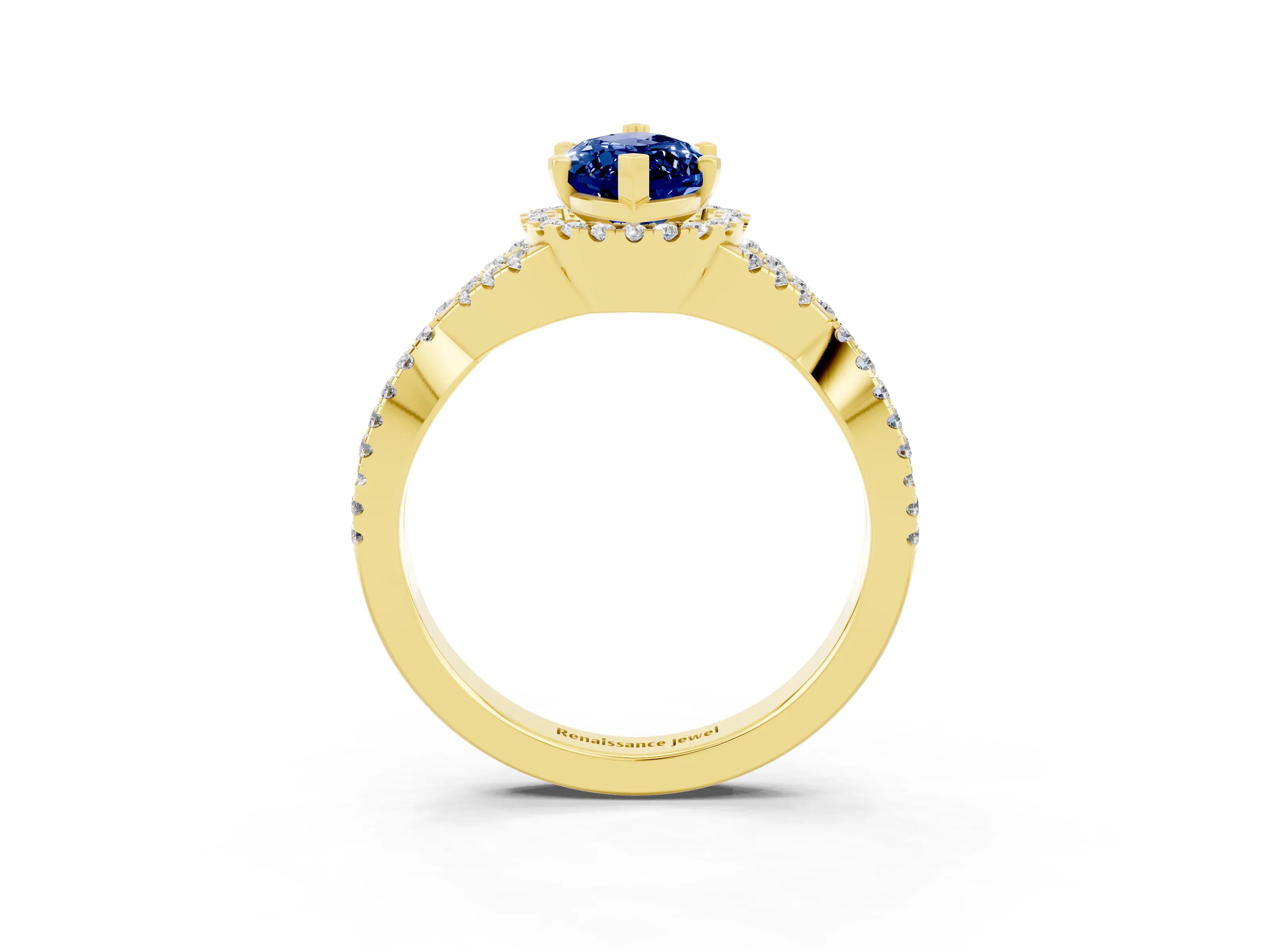 Yellow gold Marquise Cut Blue Sapphire Halo Twist Band Solitaire Prong Setting Ring_3