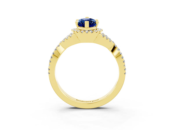 Yellow gold Marquise Cut Blue Sapphire  Halo Twist Band Solitaire Prong Setting Ring