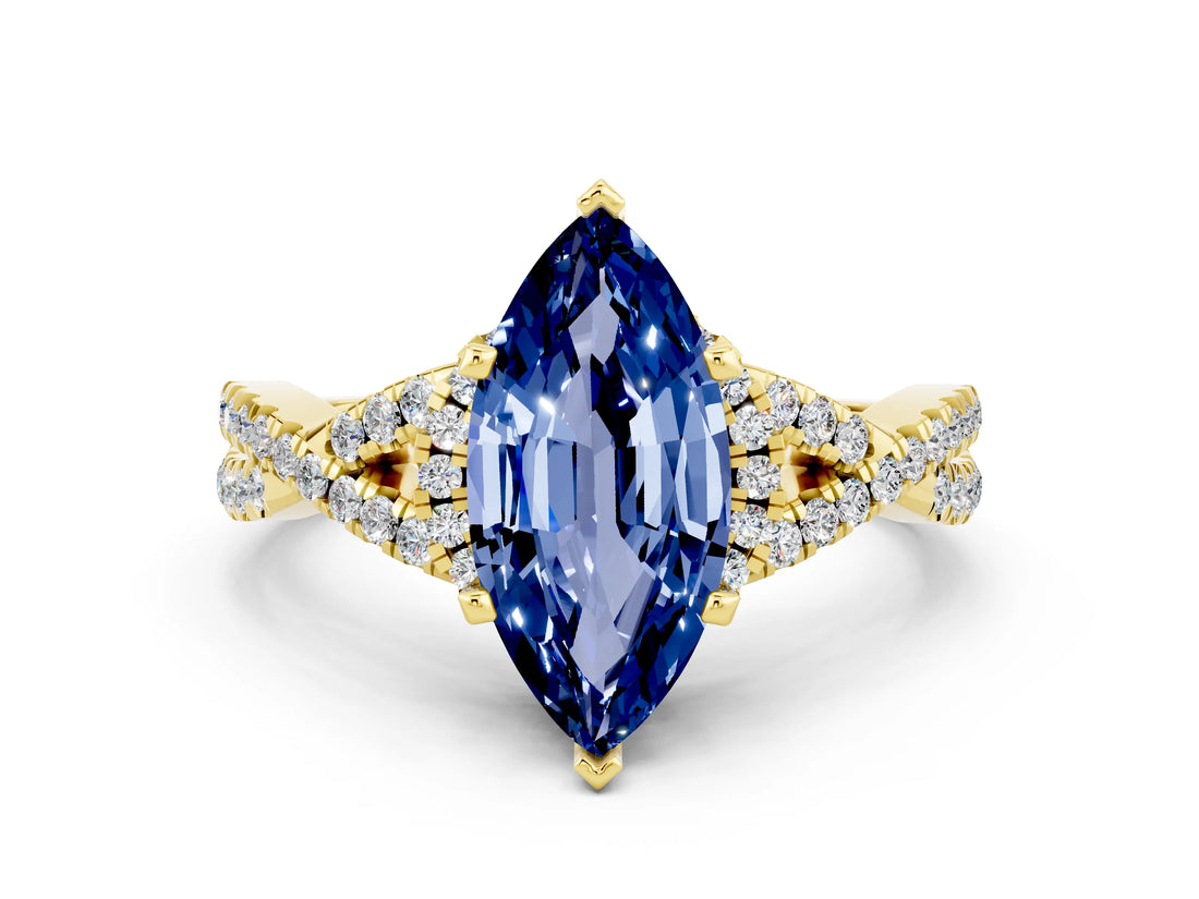 Yellow gold Marquise Cut Blue Sapphire  Halo Twist Band Solitaire Prong Setting Ring_42