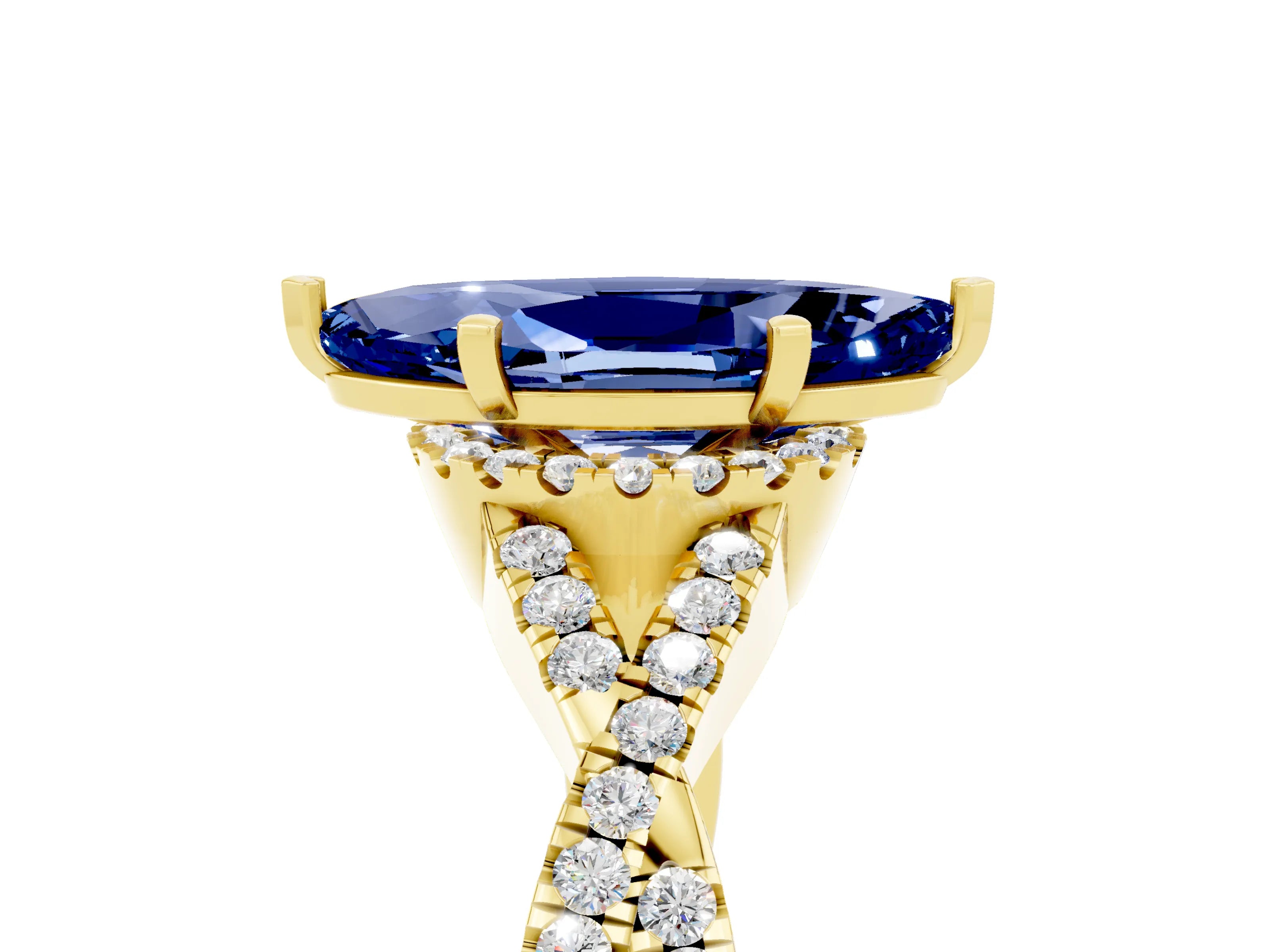 Yellow gold Marquise Cut Blue Sapphire Halo Twist Band Solitaire Prong Setting Ring_5