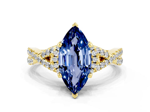 Yellow gold Marquise Cut Blue Sapphire Halo Twist Band Solitaire Prong Setting Ring
