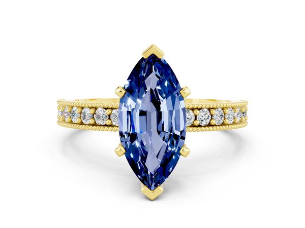 Yellow gold Marquise Cut Blue Sapphire Milgrain Pavé Engagement Ring with Four-Prong Setting