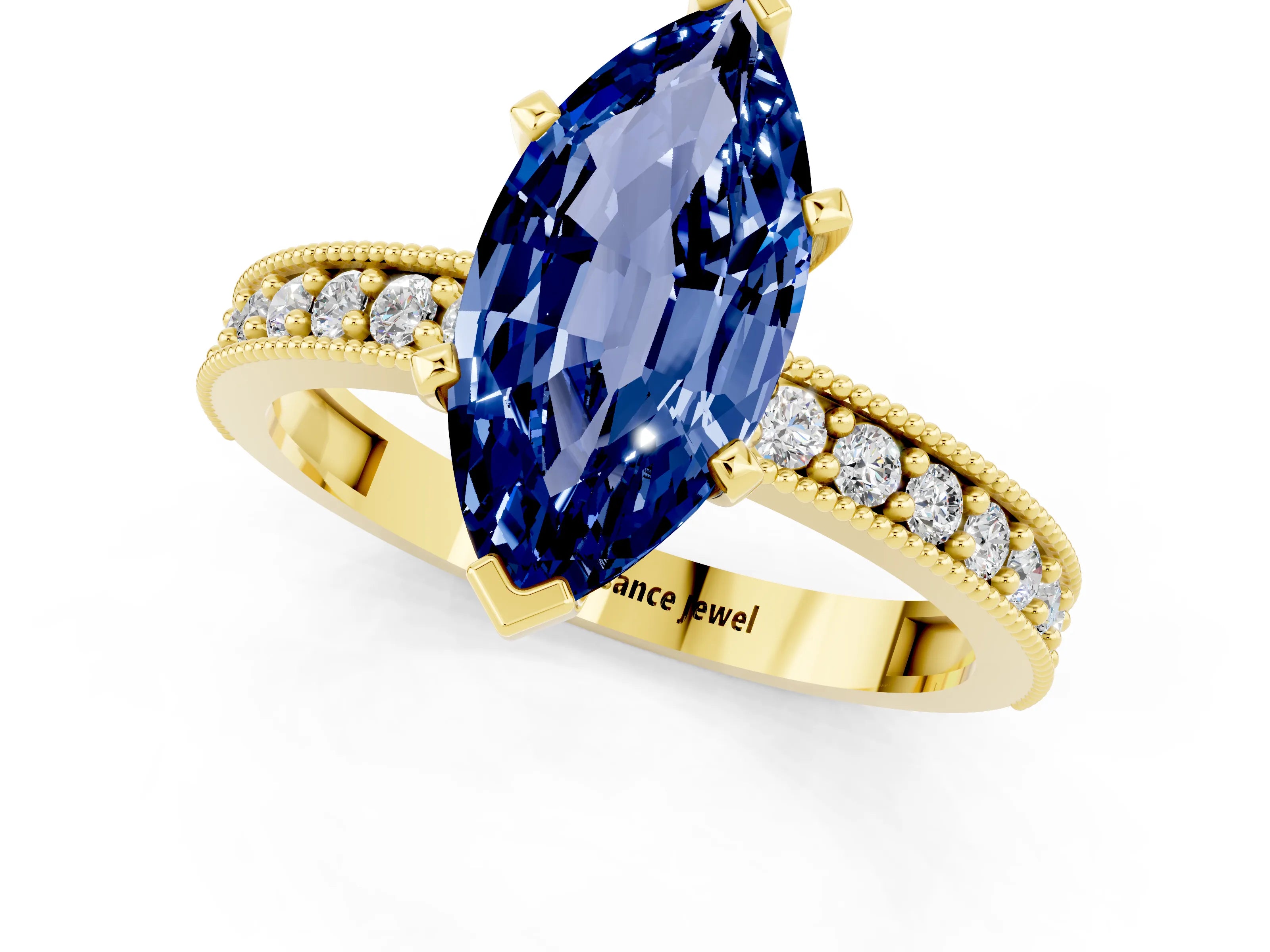 Yellow gold Marquise Cut Blue Sapphire Milgrain Pavé Engagement Ring with Four-Prong Setting_1