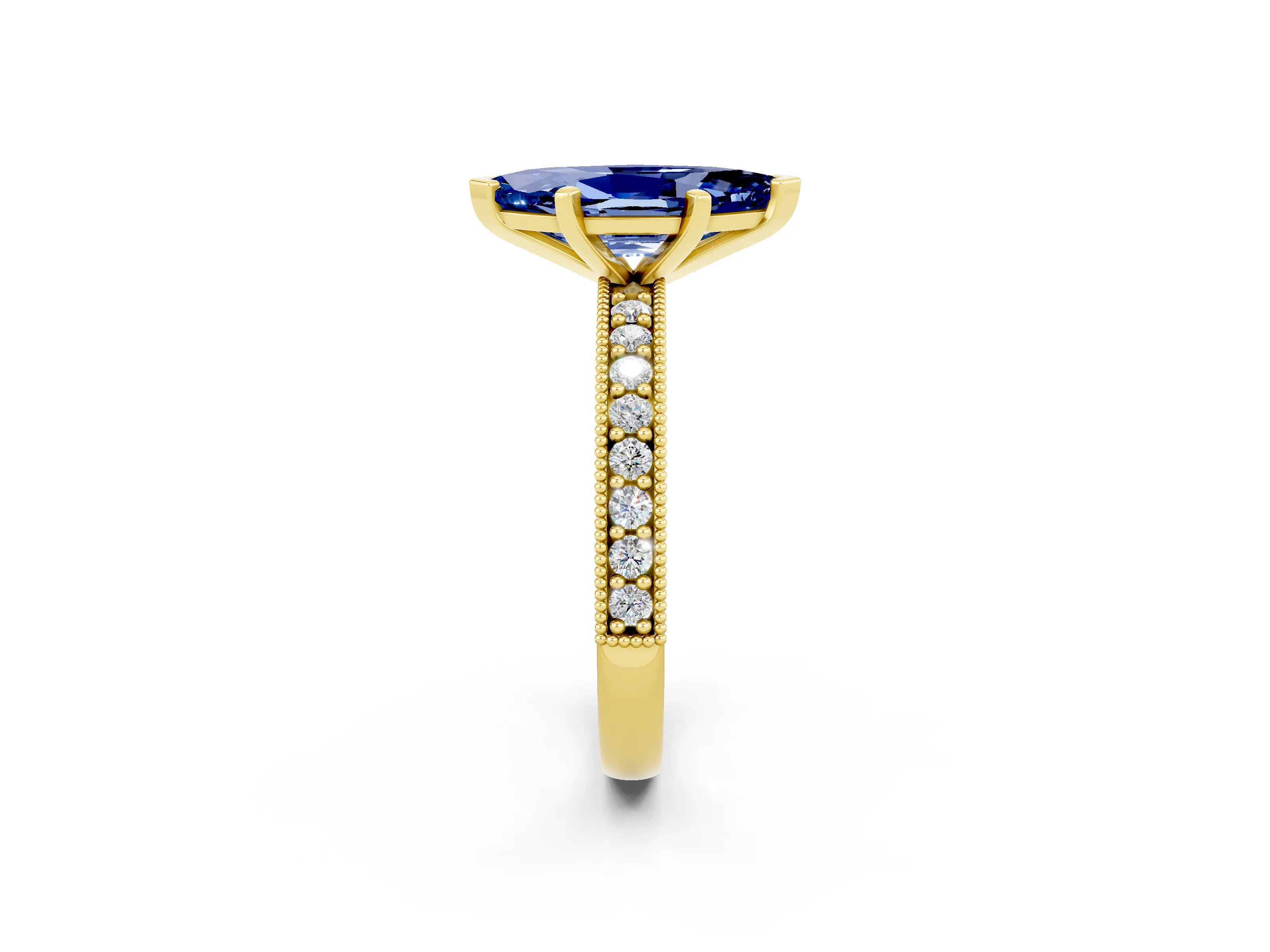 Yellow gold Marquise Cut Blue Sapphire Milgrain Pavé Engagement Ring with Four-Prong Setting_2