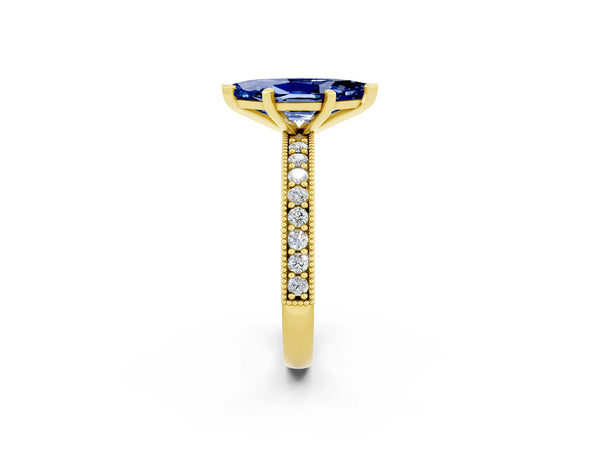 Yellow gold Marquise Cut Blue Sapphire Milgrain Pavé Engagement Ring with Four-Prong Setting