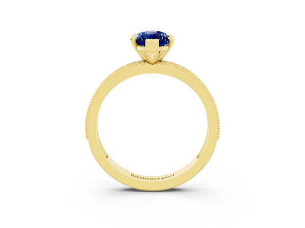 Yellow gold Marquise Cut Blue Sapphire Milgrain Pavé Engagement Ring with Four-Prong Setting