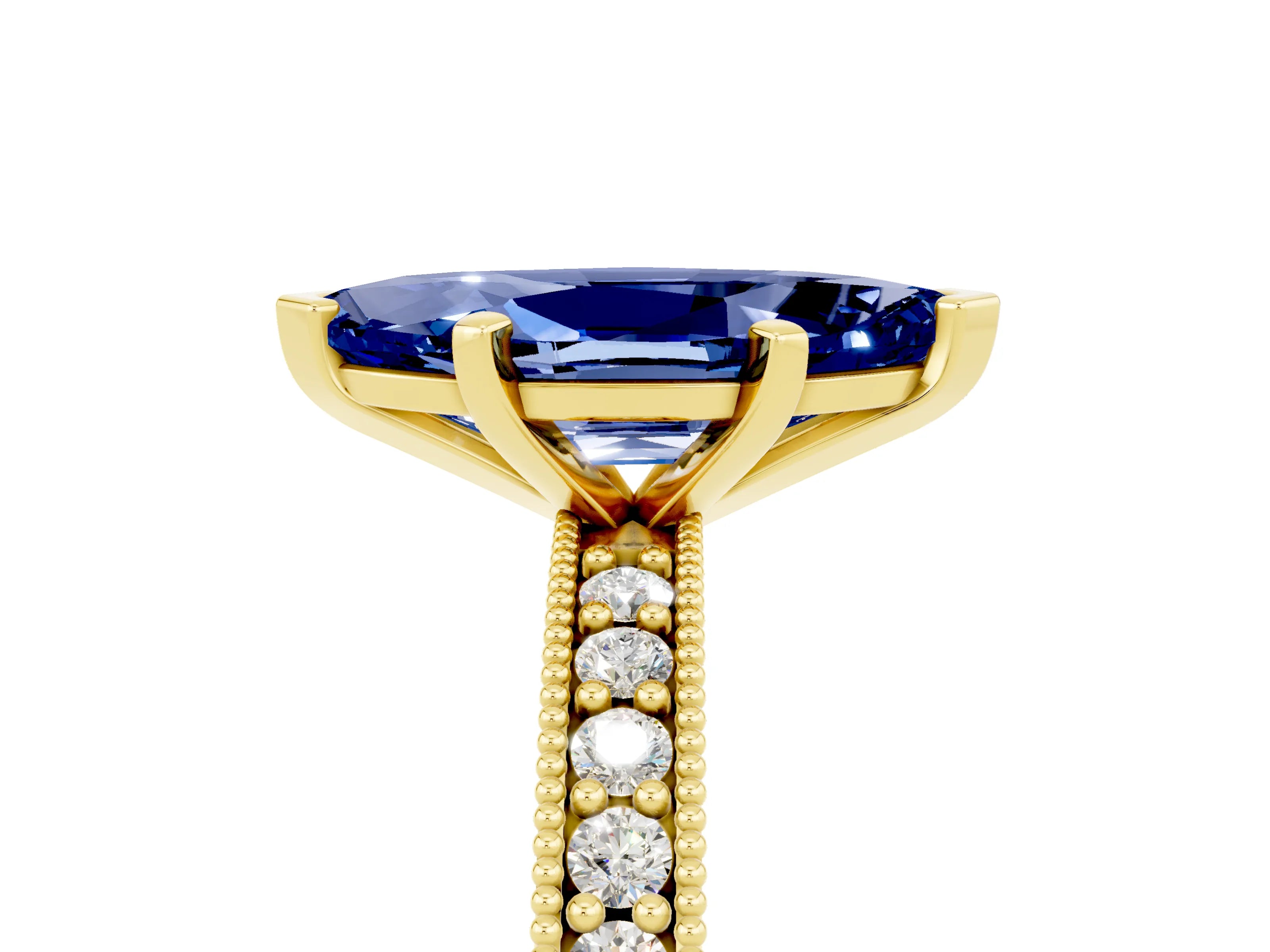 Yellow gold Marquise Cut Blue Sapphire Milgrain Pavé Engagement Ring with Four-Prong Setting_5
