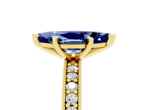 Yellow gold Marquise Cut Blue Sapphire Milgrain Pavé Engagement Ring with Four-Prong Setting_5