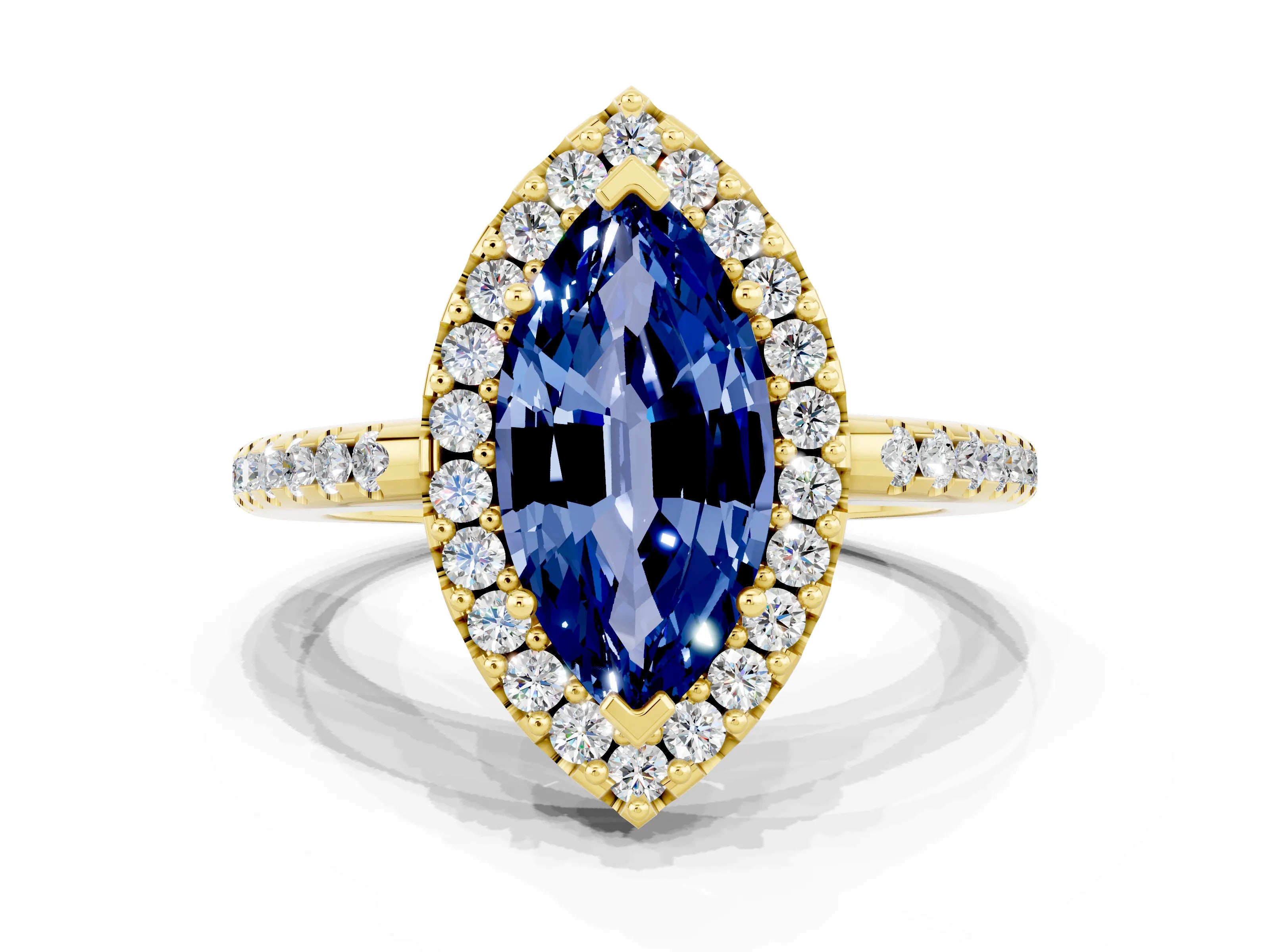 Yellow gold Marquise Cut Blue Sapphire Pavé Halo Ring with Four-Prong Setting_12