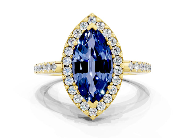 Yellow gold Marquise Cut Blue Sapphire Pavé Halo Ring with Four-Prong Setting
