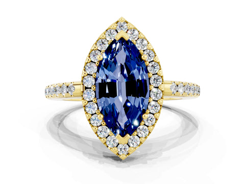 Yellow gold Marquise Cut Blue Sapphire Pavé Halo Ring with Four-Prong Setting_12