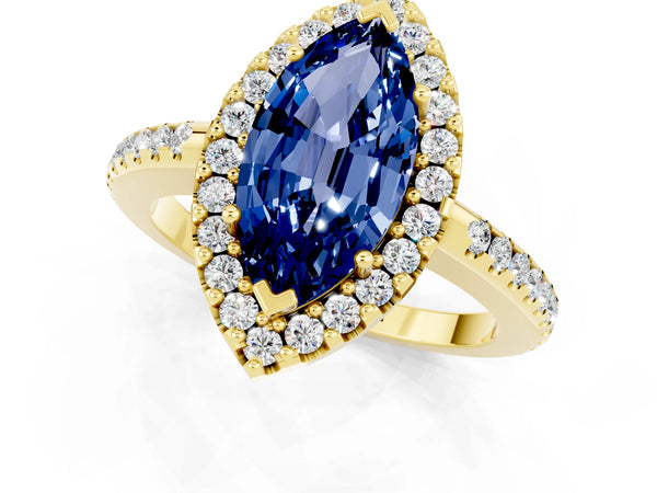 Yellow gold Marquise Cut Blue Sapphire Pavé Halo Ring with Four-Prong Setting