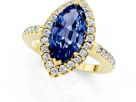 Yellow gold Marquise Cut Blue Sapphire Pavé Halo Ring with Four-Prong Setting_13