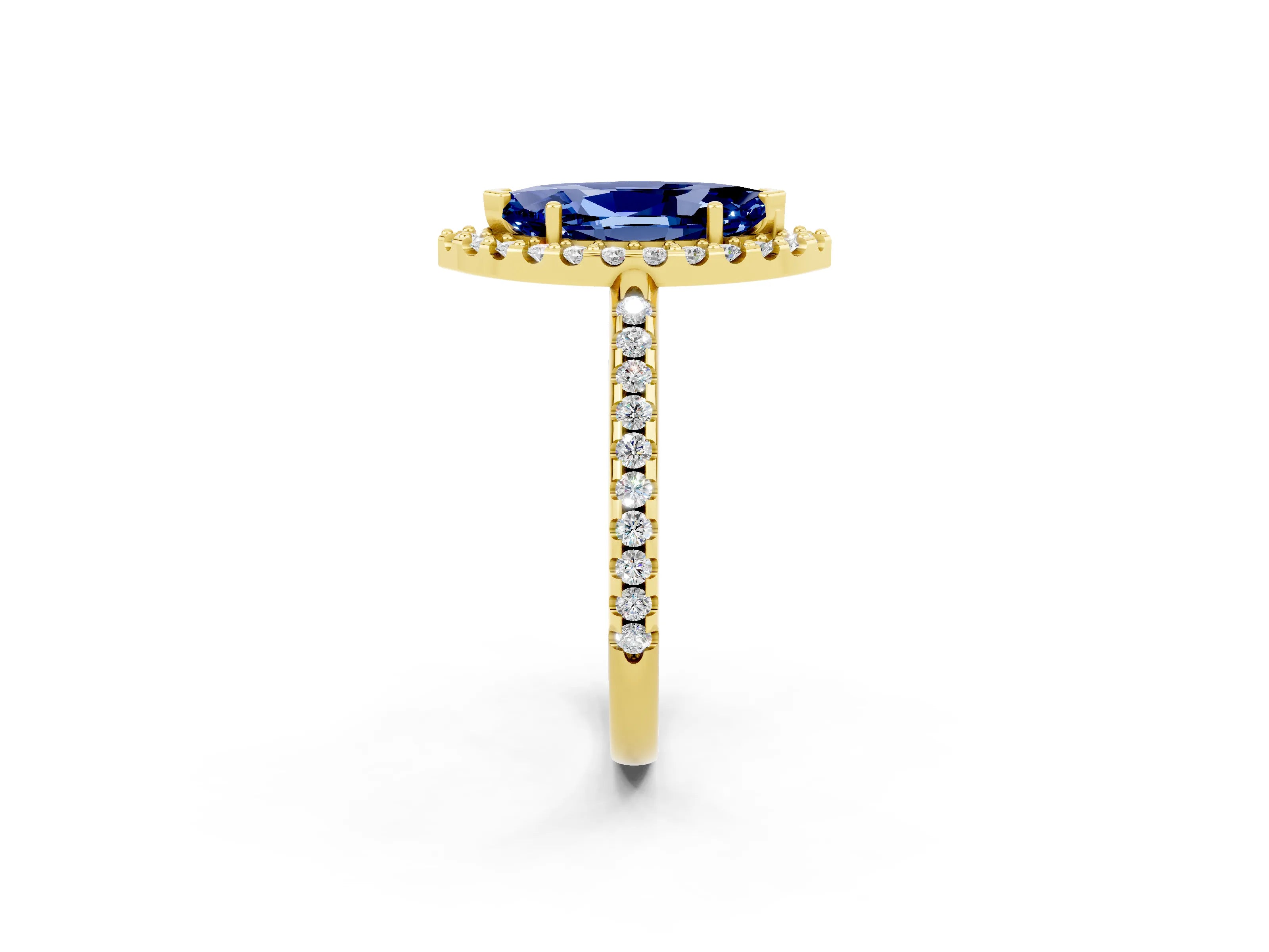 Yellow gold Marquise Cut Blue Sapphire Pavé Halo Ring with Four-Prong Setting_14