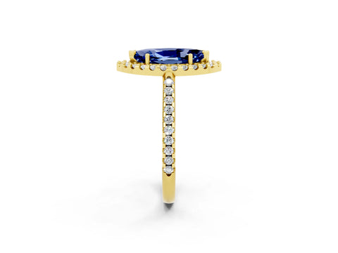 Yellow gold Marquise Cut Blue Sapphire Pavé Halo Ring with Four-Prong Setting_14