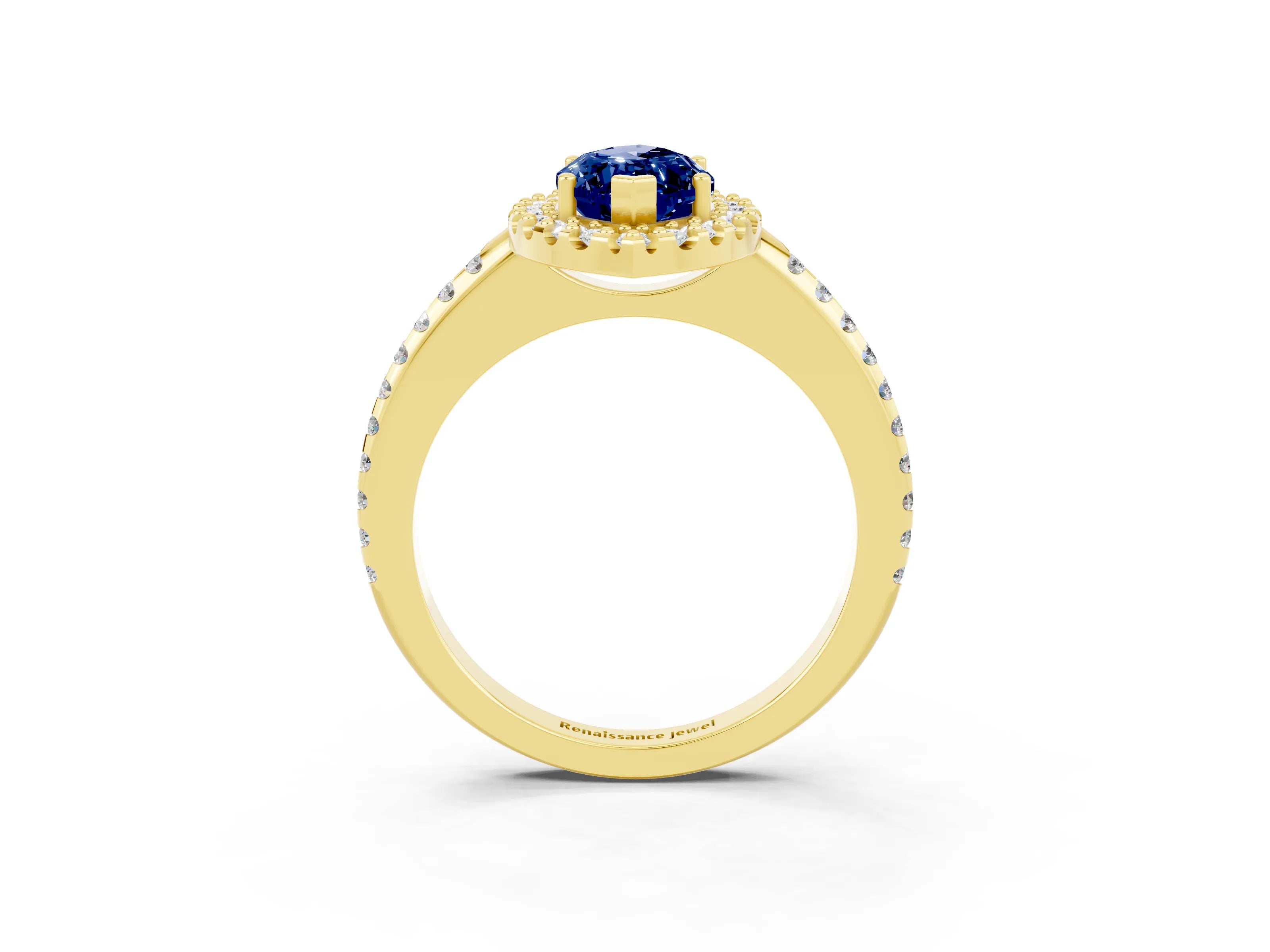 Yellow gold Marquise Cut Blue Sapphire Pavé Halo Ring with Four-Prong Setting_15