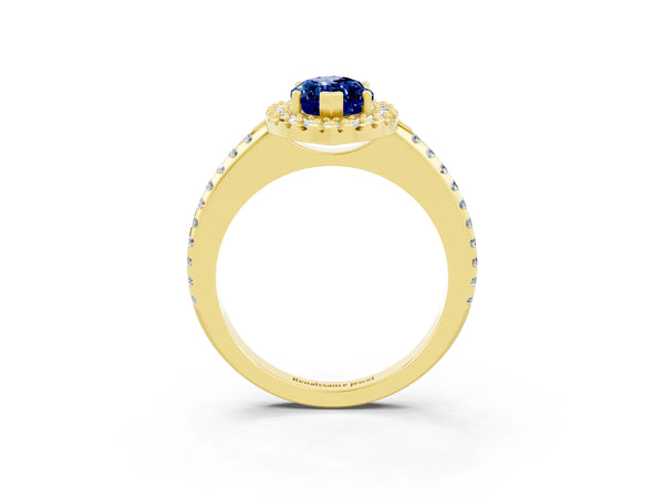 Yellow gold Marquise Cut Blue Sapphire Pavé Halo Ring with Four-Prong Setting