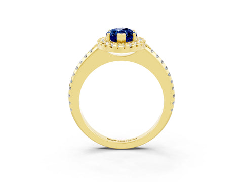 Yellow gold Marquise Cut Blue Sapphire Pavé Halo Ring with Four-Prong Setting_15