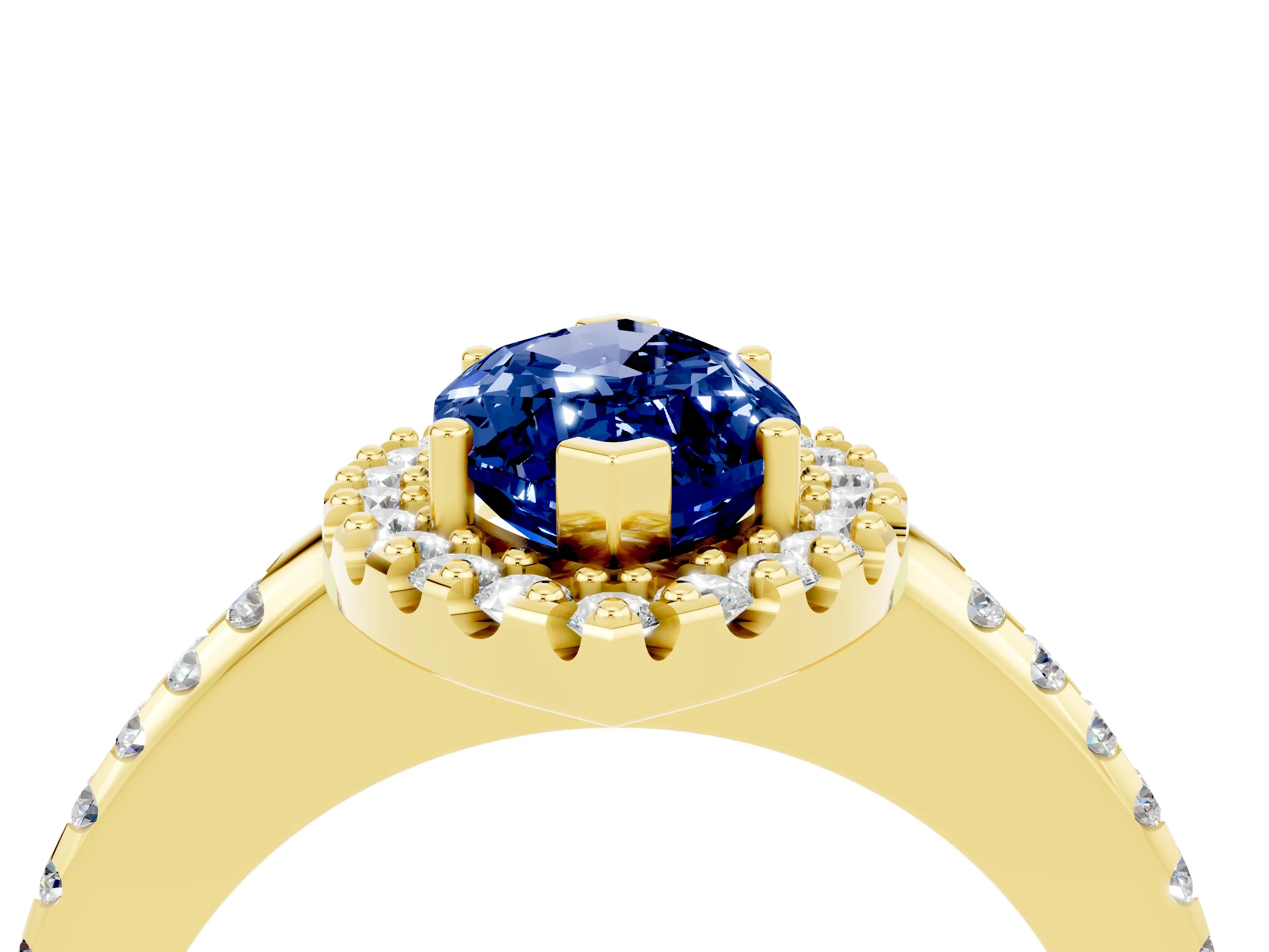 Yellow gold Marquise Cut Blue Sapphire Pavé Halo Ring with Four-Prong Setting_16