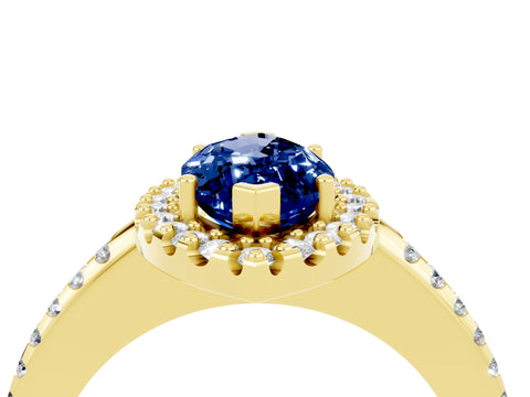 Yellow gold Marquise Cut Blue Sapphire Pavé Halo Ring with Four-Prong Setting_16