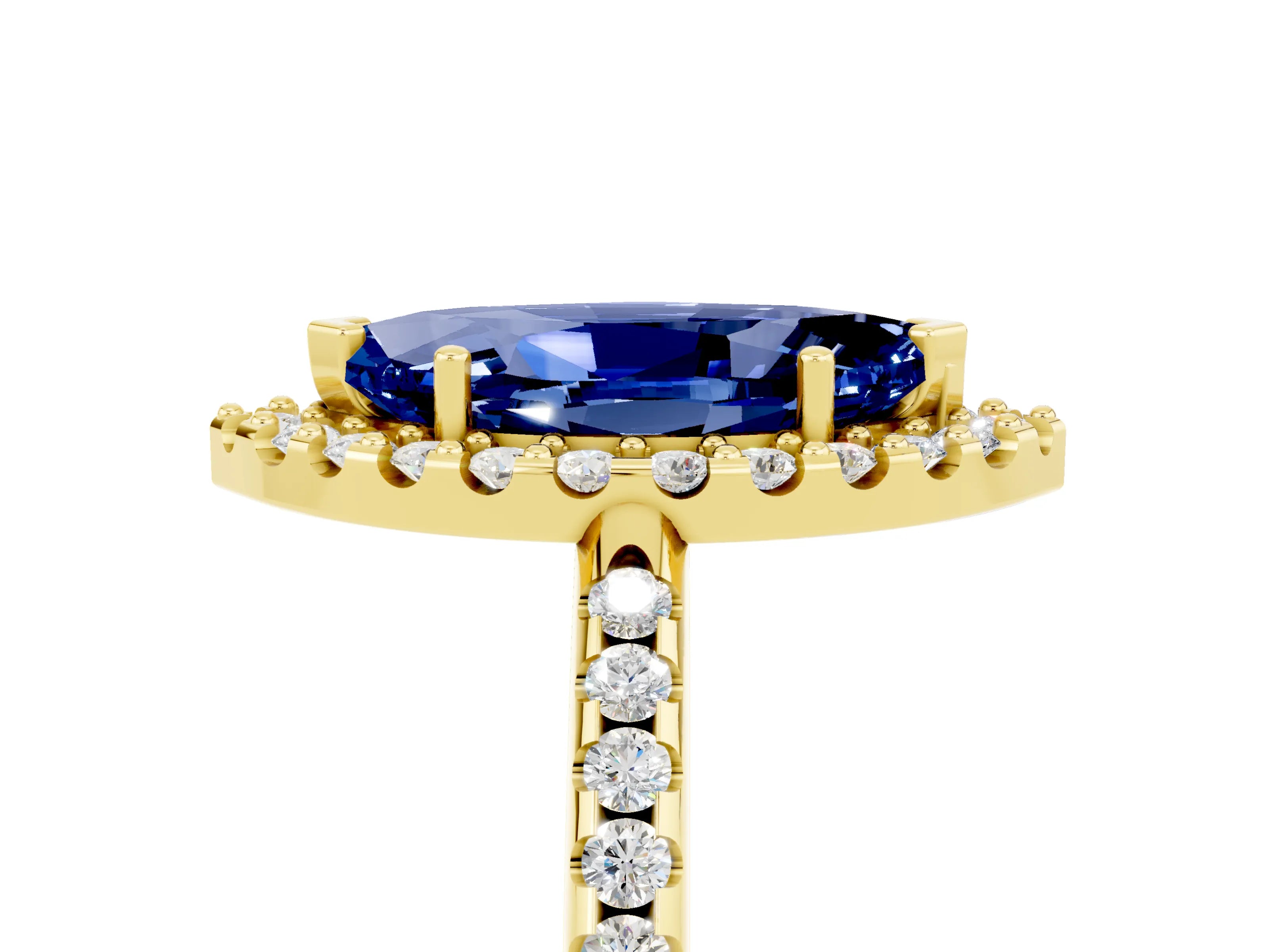 Yellow gold Marquise Cut Blue Sapphire Pavé Halo Ring with Four-Prong Setting_17