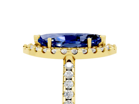 Yellow gold Marquise Cut Blue Sapphire Pavé Halo Ring with Four-Prong Setting_17