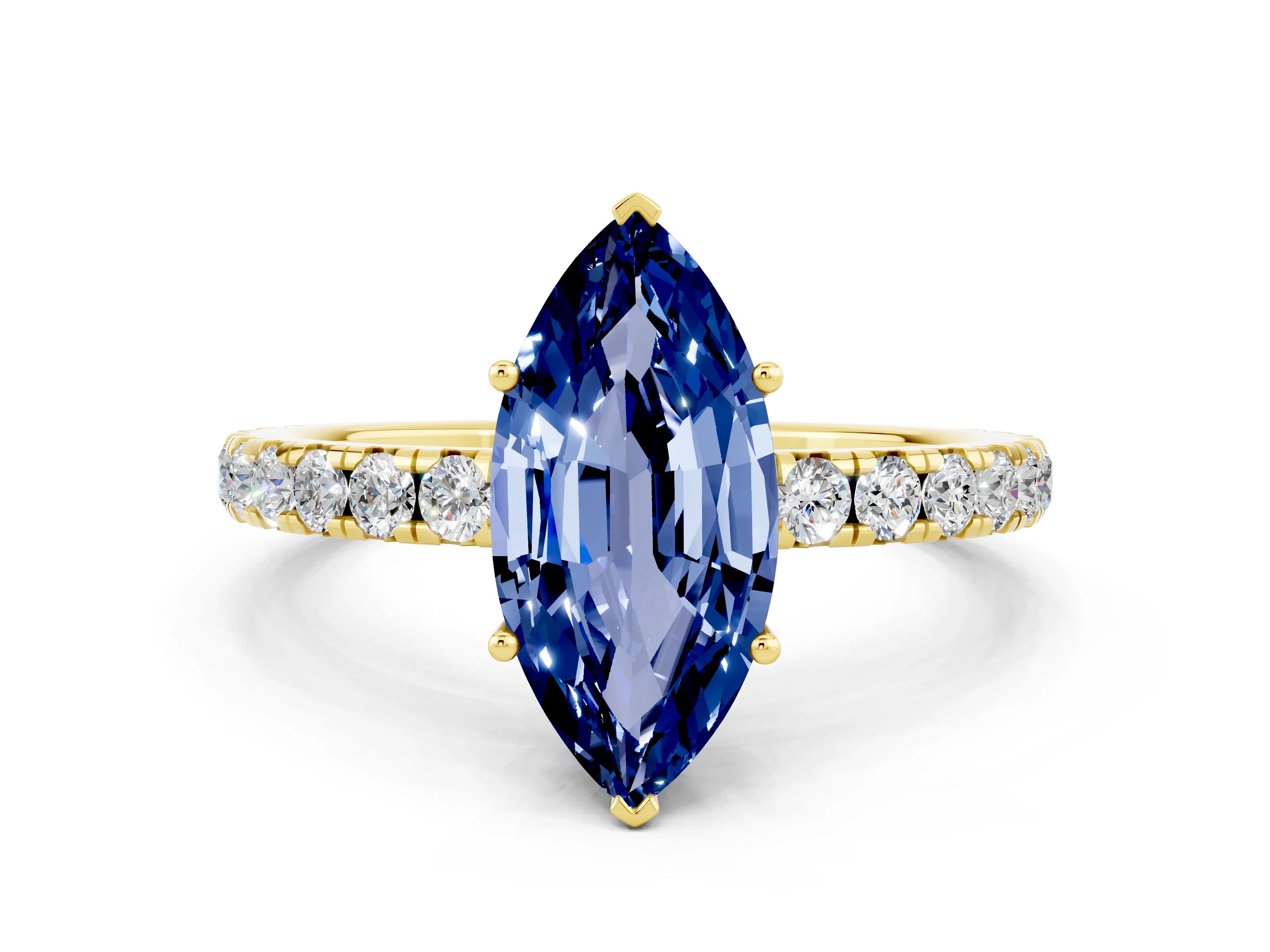 Yellow gold Marquise Cut Blue Sapphire Pavé Solitaire Engagement Ring with Four-Prong Setting_12