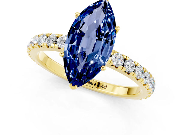 Yellow gold Marquise Cut Blue Sapphire Pavé Solitaire Engagement Ring with Four-Prong Setting