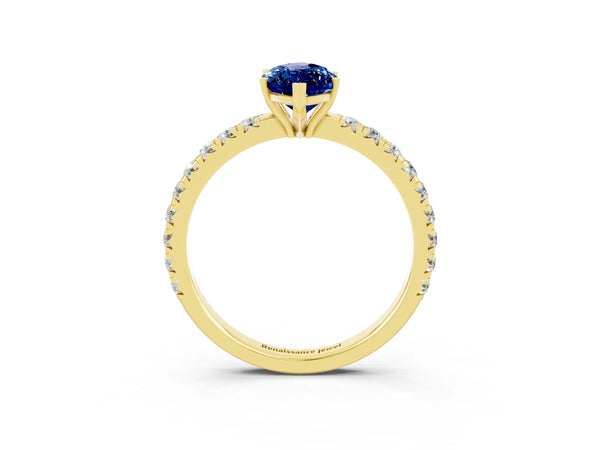 Yellow gold Marquise Cut Blue Sapphire Pavé Solitaire Engagement Ring with Four-Prong Setting