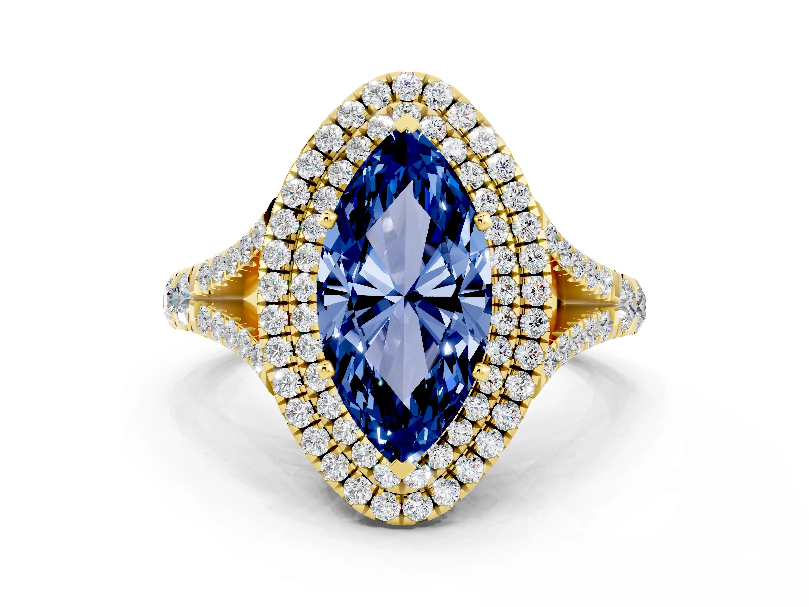 Yellow gold Marquise Cut Blue Sapphire Pavé Split Shank Double Halo Engagement Ring