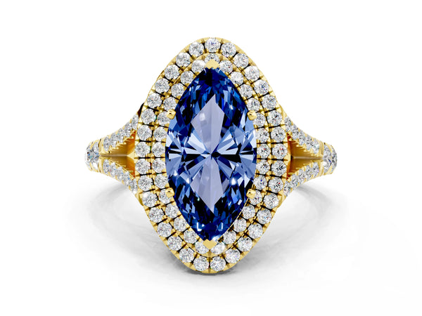 Yellow gold Marquise Cut Blue Sapphire Pavé Split Shank Double Halo Engagement Ring