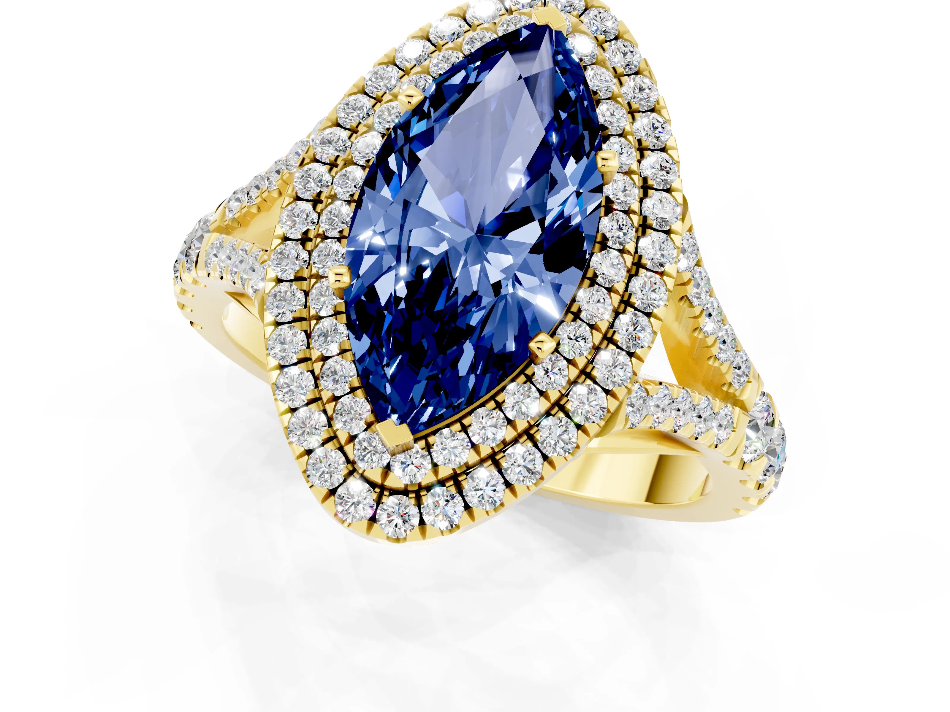 Yellow gold Marquise Cut Blue Sapphire Pavé Split Shank Double Halo Engagement Ring_1