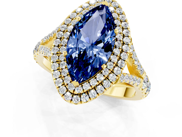 Yellow gold Marquise Cut Blue Sapphire Pavé Split Shank Double Halo Engagement Ring