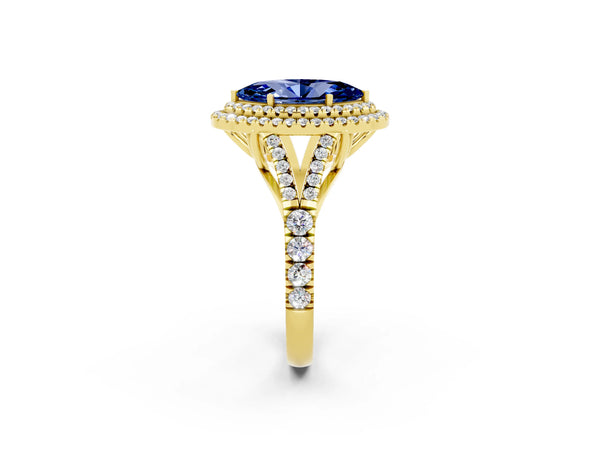 Yellow gold Marquise Cut Blue Sapphire Pavé Split Shank Double Halo Engagement Ring
