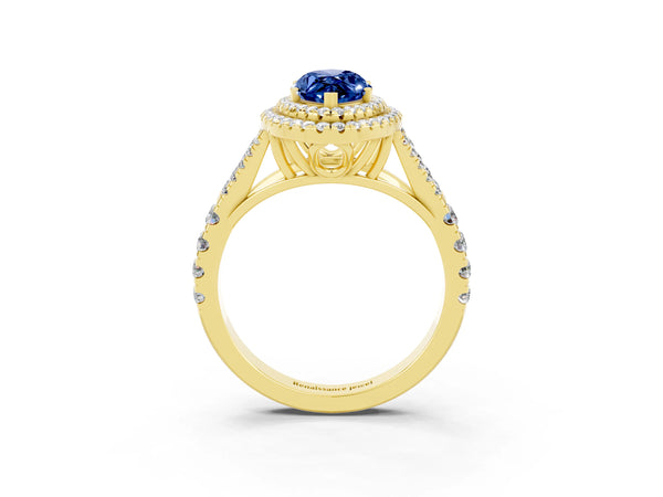 Yellow gold Marquise Cut Blue Sapphire Pavé Split Shank Double Halo Engagement Ring