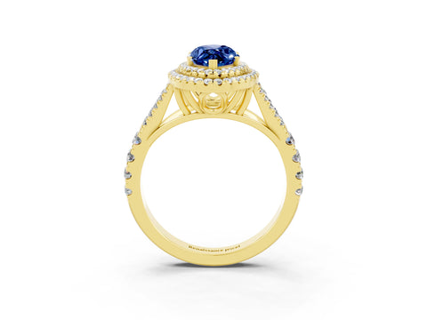 Yellow gold Marquise Cut Blue Sapphire Pavé Split Shank Double Halo Engagement Ring_3