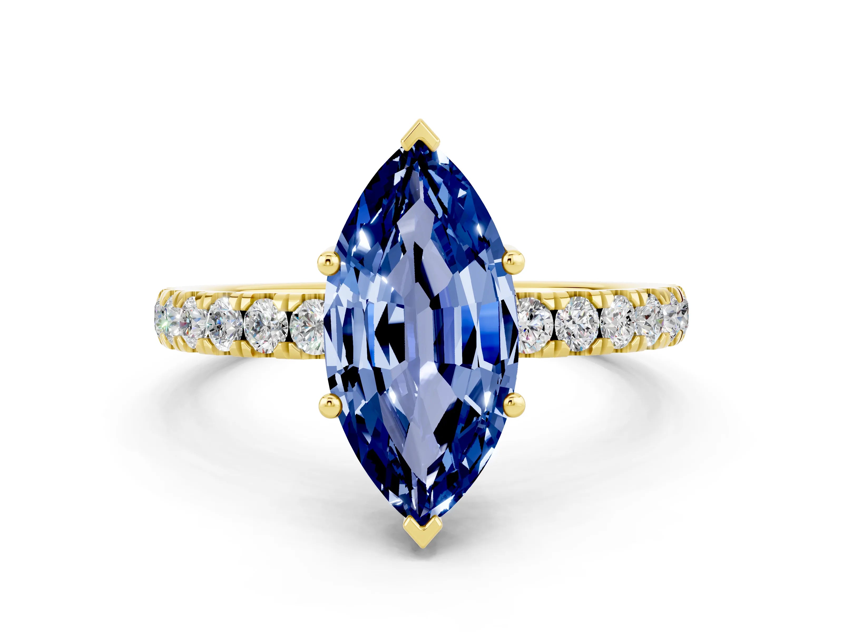 Yellow gold Marquise Cut Blue Sapphire Pave Band Solitaire Ring with Four-Prong Setting_24