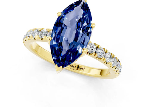 Yellow gold Marquise Cut Blue Sapphire Pave Band Solitaire Ring with Four-Prong Setting_25