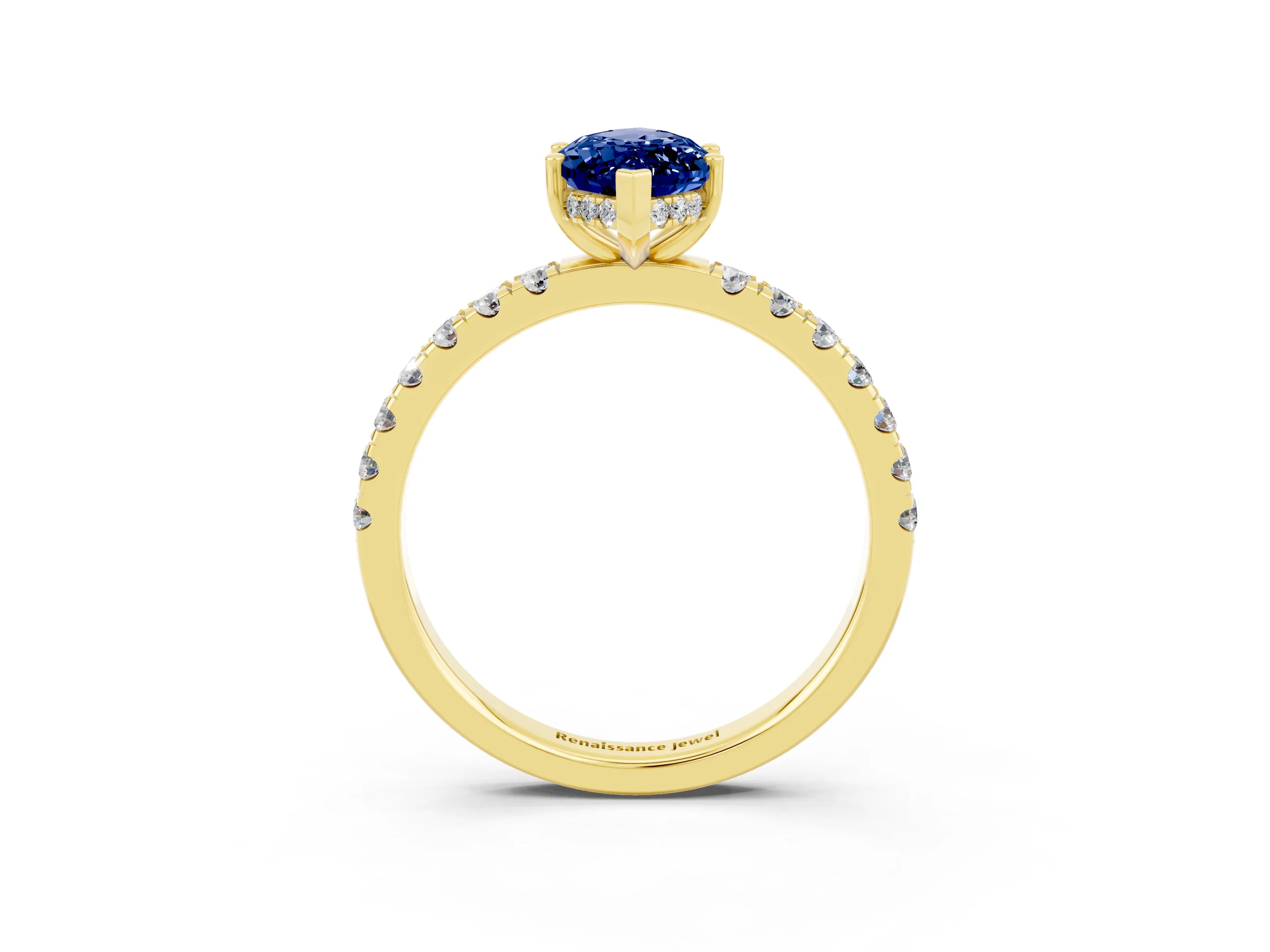 Yellow gold Marquise Cut Blue Sapphire Pave Band Solitaire Ring with Four-Prong Setting_27
