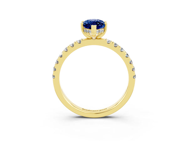 Yellow gold Marquise Cut Blue Sapphire Pave Band Solitaire Ring with Round  and Prong Setting