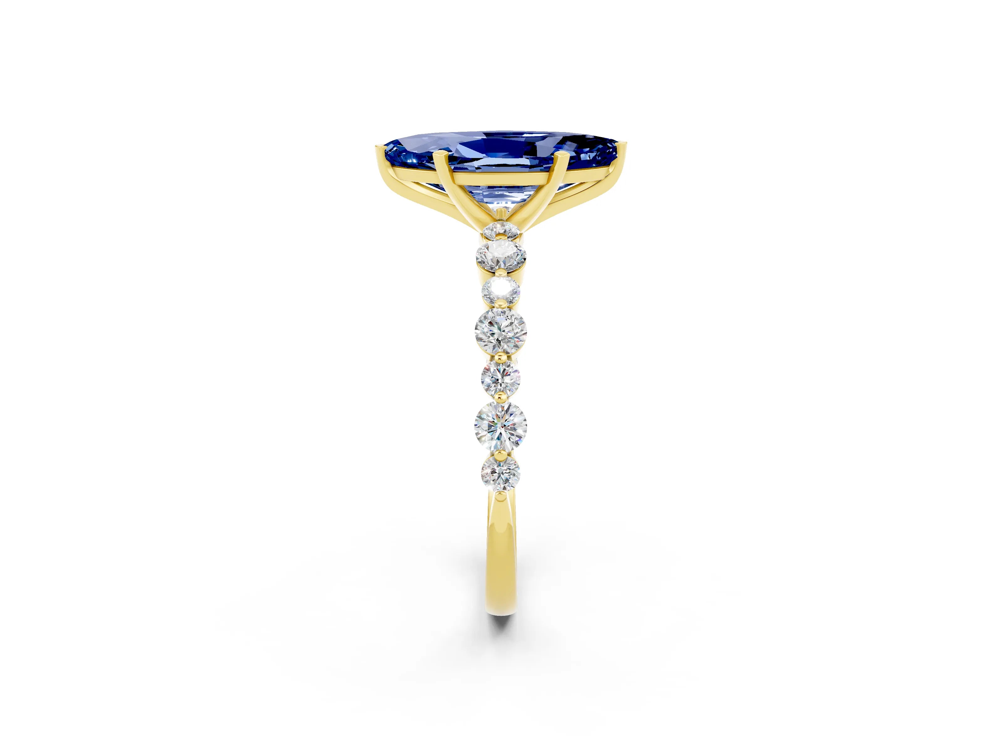 Yellow gold Marquise Cut Blue Sapphire Prong Set Engagement Ring with Pavé Band_2