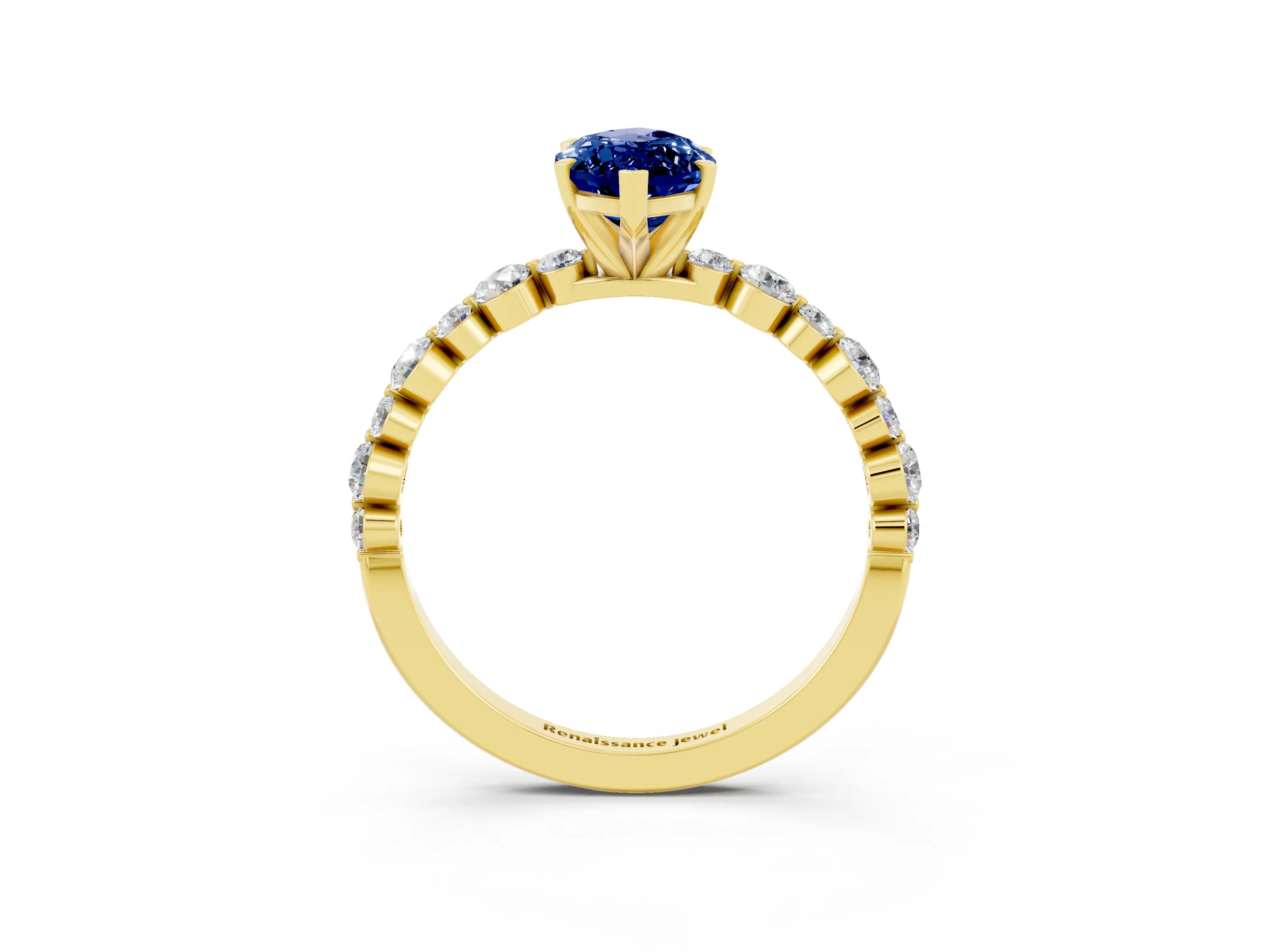 Yellow gold Marquise Cut Blue Sapphire Prong Set Engagement Ring with Pavé Band_3