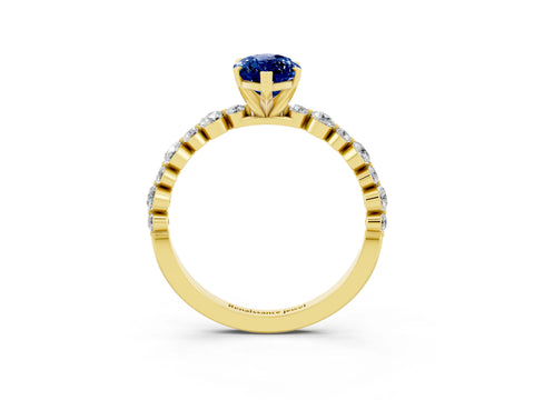 Yellow gold Marquise Cut Blue Sapphire Prong Set Engagement Ring with Pavé Band_3