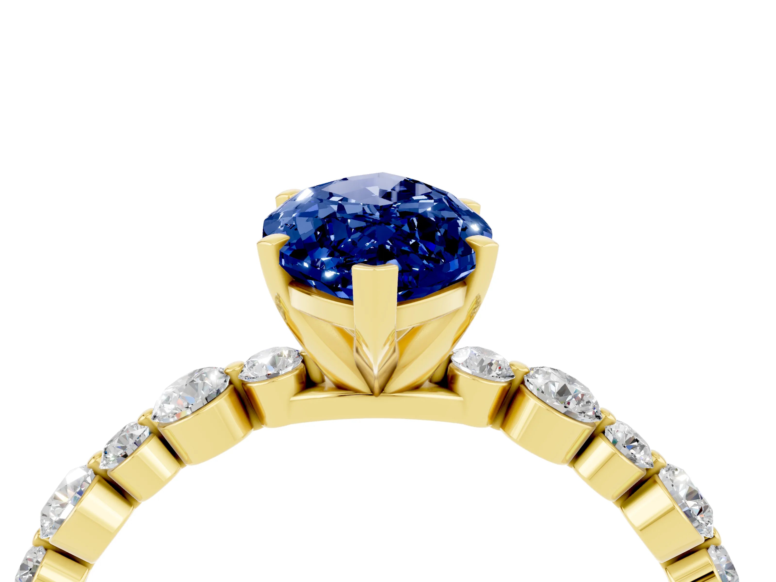 Yellow gold Marquise Cut Blue Sapphire Prong Set Engagement Ring with Pavé Band_4